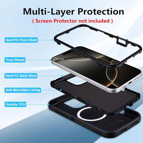 حافظة لهاتف iPhone 16 Pro Max مع حافظة بمشبك حزام، [متوافقة مع MagSafe] حماية شديدة التحمل من الدرجة العسكرية، 3 طبقات متينة مقاومة للصدمات لهاتف iPhone 16 Pro Max مع مسند (أسود + برتقالي) in Kuwait