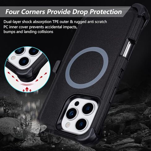 حافظة لهاتف iPhone 16 Pro Max مع حافظة بمشبك حزام، [متوافقة مع MagSafe] حماية شديدة التحمل من الدرجة العسكرية، 3 طبقات متينة مقاومة للصدمات لهاتف iPhone 16 Pro Max مع مسند (أسود + برتقالي) in Kuwait