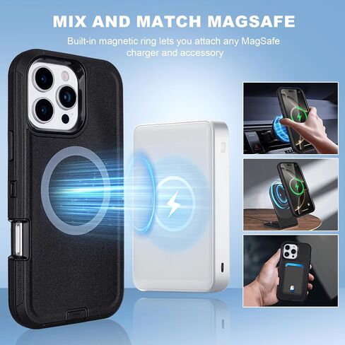 حافظة لهاتف iPhone 16 Pro Max مع حافظة بمشبك حزام، [متوافقة مع MagSafe] حماية شديدة التحمل من الدرجة العسكرية، 3 طبقات متينة مقاومة للصدمات لهاتف iPhone 16 Pro Max مع مسند (أسود + برتقالي) in Kuwait