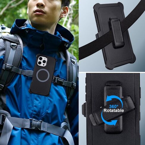 حافظة لهاتف iPhone 16 Pro Max مع حافظة بمشبك حزام، [متوافقة مع MagSafe] حماية شديدة التحمل من الدرجة العسكرية، 3 طبقات متينة مقاومة للصدمات لهاتف iPhone 16 Pro Max مع مسند (أسود + برتقالي) in Kuwait