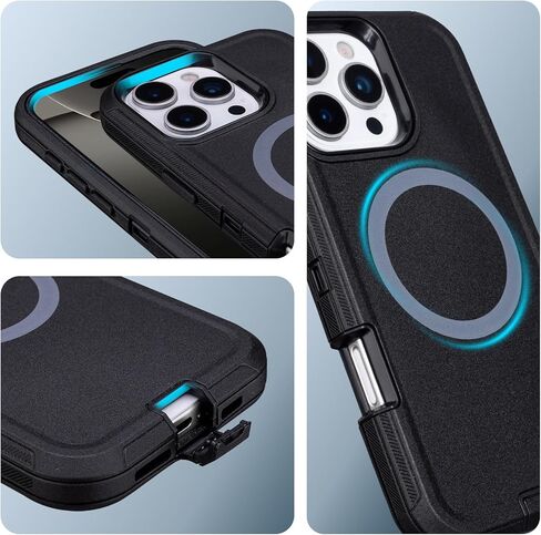 حافظة لهاتف iPhone 16 Pro Max مع حافظة بمشبك حزام، [متوافقة مع MagSafe] حماية شديدة التحمل من الدرجة العسكرية، 3 طبقات متينة مقاومة للصدمات لهاتف iPhone 16 Pro Max مع مسند (أسود + برتقالي) in Kuwait