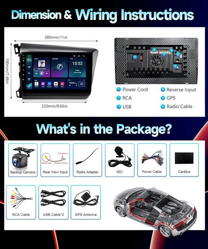ستيريو سيارة VQU لهوندا سيفيك 2012 إلى 2015 لاسلكي Apple Carplay Android Auto، راديو لسيارة Honda Civic Car Play يدعم 5G WiFi GPS Navigation FM RDS EQ DSP مستقبل الصوت SWC AHD كاميرا، 2 + 32 جيجابايت in Kuwait