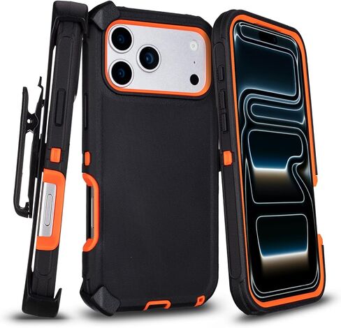 for iPhone 17 Pro Max Case with Belt Clip, Drop Proof, 4 in 1 Heavy Duty Shockproof Protective for iPhone 17 Pro Max Case with 360°Rotating Kickstand, Black & Orange in Saudi Arabia