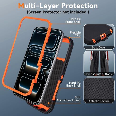 for iPhone 17 Pro Max Case with Belt Clip, Drop Proof, 4 in 1 Heavy Duty Shockproof Protective for iPhone 17 Pro Max Case with 360°Rotating Kickstand, Black & Orange in Saudi Arabia