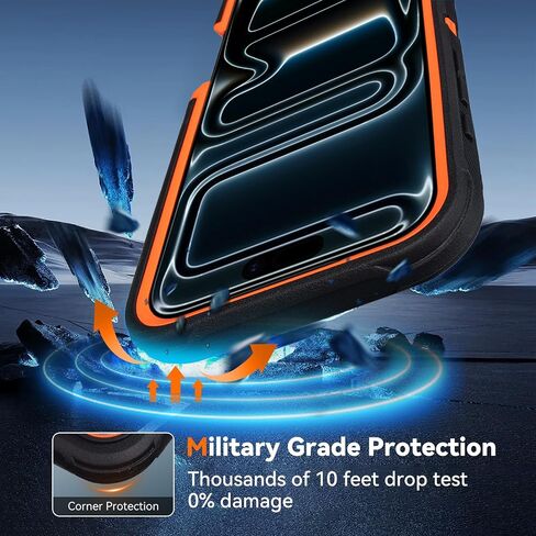 for iPhone 17 Pro Max Case with Belt Clip, Drop Proof, 4 in 1 Heavy Duty Shockproof Protective for iPhone 17 Pro Max Case with 360°Rotating Kickstand, Black & Orange in Saudi Arabia