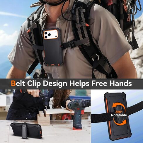 for iPhone 17 Pro Max Case with Belt Clip, Drop Proof, 4 in 1 Heavy Duty Shockproof Protective for iPhone 17 Pro Max Case with 360°Rotating Kickstand, Black & Orange in Saudi Arabia