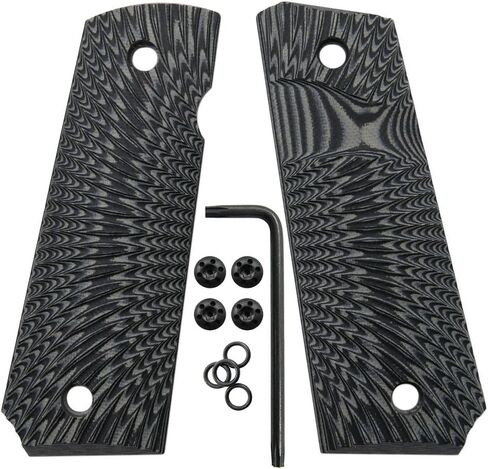 مقابض رفيعة من Cool Hand 1911 G10، بالحجم الكامل (الحكومة/القائد)، متضمنة برغي مقابض المسدس، رفيعة 3/16 بوصة، مغرفة كبيرة، قطع أمان Ambi، نسيج Sunburst، هذه المقابض تعمل فقط مع البطانات القصيرة in Kuwait