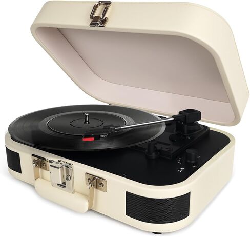 Vintage Suitcase Record Player - 3-Speed Portable Bluetooth Turntable with Built-in Speakers, for 7/10/12" Vinyl Records (White) in Saudi Arabia