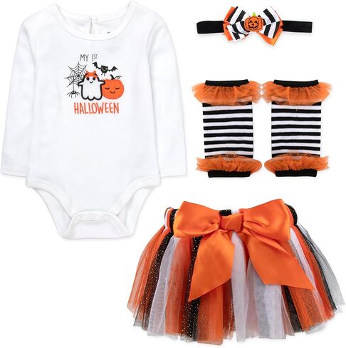 Baby Girl Holiday Outfit 4-Piece Set – Long Sleeve Bodysuit, Pants, Tutu Skirt & Headband – Halloween, Thanksgiving in Saudi Arabia