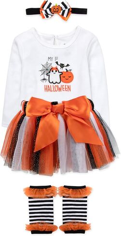 Baby Girl Holiday Outfit 4-Piece Set – Long Sleeve Bodysuit, Pants, Tutu Skirt & Headband – Halloween, Thanksgiving in Saudi Arabia