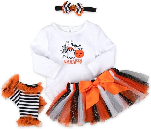 Baby Girl Holiday Outfit 4-Piece Set – Long Sleeve Bodysuit, Pants, Tutu Skirt & Headband – Halloween, Thanksgiving in Saudi Arabia