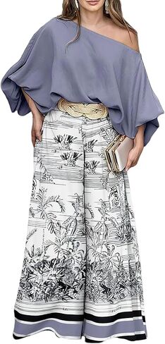 CHICME Women Summer 2 Piece Outfits Off Shoulder Lantern Sleeve Top Flowy Wide Leg Pants Set in Kuwait