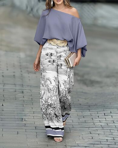 CHICME Women Summer 2 Piece Outfits Off Shoulder Lantern Sleeve Top Flowy Wide Leg Pants Set in Kuwait