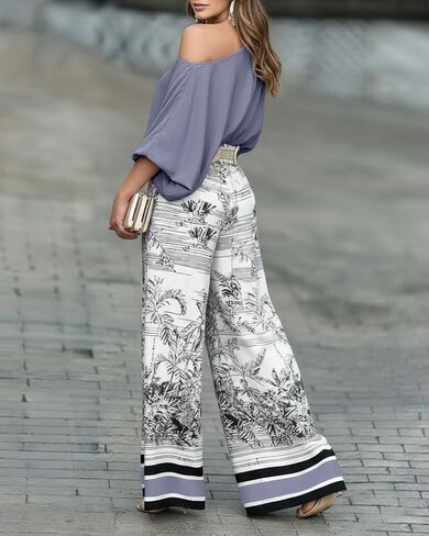CHICME Women Summer 2 Piece Outfits Off Shoulder Lantern Sleeve Top Flowy Wide Leg Pants Set in Kuwait