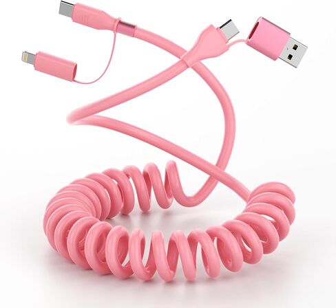 كابل شاحن وردي ملفوف USB-C وكابل Lightning 2 في 1 60 وات نوع C سلك شحن سريع لهاتف iPhone 15 16 17 14 Samsung، سلك شاحن سيارة بطول 3FT، ملحقات سيارة وردية لطيفة لـ Apple CarPlay وAndroid Auto in Kuwait