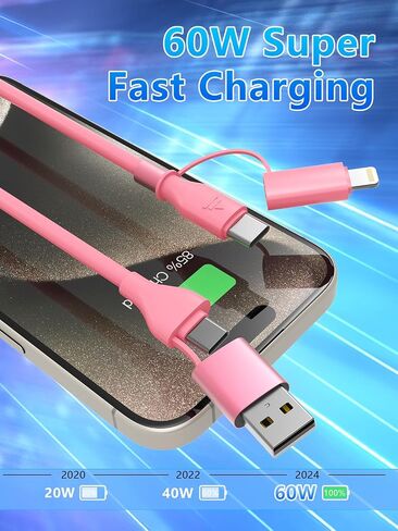 كابل شاحن وردي ملفوف USB-C وكابل Lightning 2 في 1 60 وات نوع C سلك شحن سريع لهاتف iPhone 15 16 17 14 Samsung، سلك شاحن سيارة بطول 3FT، ملحقات سيارة وردية لطيفة لـ Apple CarPlay وAndroid Auto in Kuwait