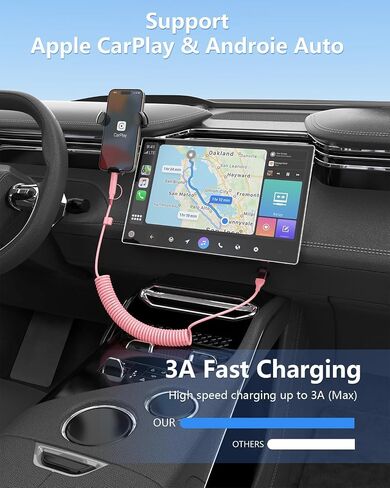 كابل شاحن وردي ملفوف USB-C وكابل Lightning 2 في 1 60 وات نوع C سلك شحن سريع لهاتف iPhone 15 16 17 14 Samsung، سلك شاحن سيارة بطول 3FT، ملحقات سيارة وردية لطيفة لـ Apple CarPlay وAndroid Auto in Kuwait