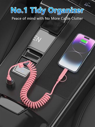 كابل شاحن وردي ملفوف USB-C وكابل Lightning 2 في 1 60 وات نوع C سلك شحن سريع لهاتف iPhone 15 16 17 14 Samsung، سلك شاحن سيارة بطول 3FT، ملحقات سيارة وردية لطيفة لـ Apple CarPlay وAndroid Auto in Kuwait