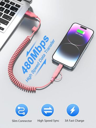 كابل شاحن وردي ملفوف USB-C وكابل Lightning 2 في 1 60 وات نوع C سلك شحن سريع لهاتف iPhone 15 16 17 14 Samsung، سلك شاحن سيارة بطول 3FT، ملحقات سيارة وردية لطيفة لـ Apple CarPlay وAndroid Auto in Kuwait