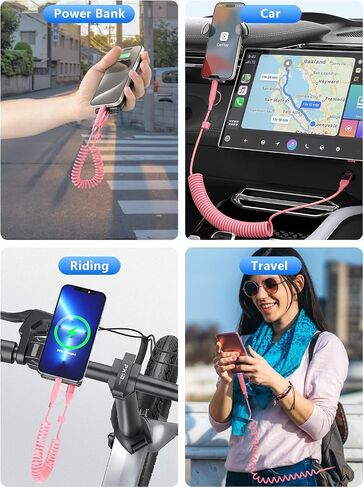 كابل شاحن وردي ملفوف USB-C وكابل Lightning 2 في 1 60 وات نوع C سلك شحن سريع لهاتف iPhone 15 16 17 14 Samsung، سلك شاحن سيارة بطول 3FT، ملحقات سيارة وردية لطيفة لـ Apple CarPlay وAndroid Auto in Kuwait