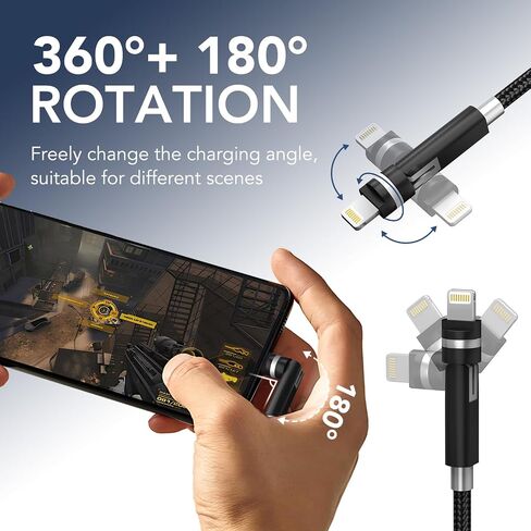 90 Degree Lightning Cable with 360 Rotating Head - 6.6FT MFi Right Angle Nylon Braided iPhone Charger Cord with 2.4A Fast Charge, Data Sync, CarPlay for iPhone14/13/12/11/X/8 in Kuwait