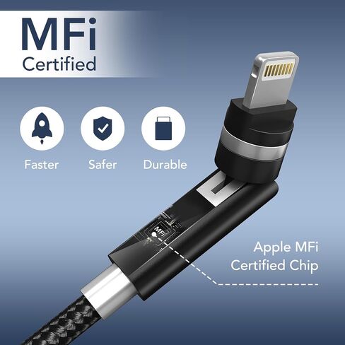 90 Degree Lightning Cable with 360 Rotating Head - 6.6FT MFi Right Angle Nylon Braided iPhone Charger Cord with 2.4A Fast Charge, Data Sync, CarPlay for iPhone14/13/12/11/X/8 in Kuwait