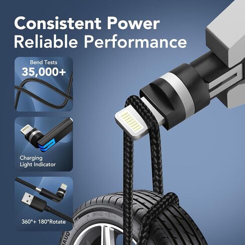 90 Degree Lightning Cable with 360 Rotating Head - 6.6FT MFi Right Angle Nylon Braided iPhone Charger Cord with 2.4A Fast Charge, Data Sync, CarPlay for iPhone14/13/12/11/X/8 in Kuwait