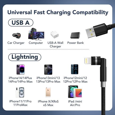 90 Degree Lightning Cable with 360 Rotating Head - 6.6FT MFi Right Angle Nylon Braided iPhone Charger Cord with 2.4A Fast Charge, Data Sync, CarPlay for iPhone14/13/12/11/X/8 in Kuwait