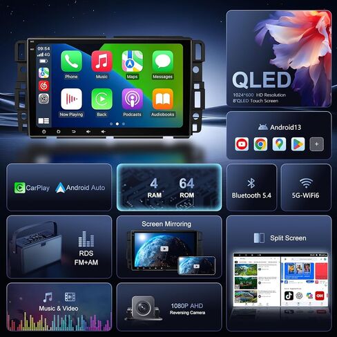 8 بوصة راديو السيارة ستيريو ترقية 4Ram 64Rom Android 13 لسيارة Chevy Silverado GMC Sierra Yukon مع CarPlay Android Auto 1080P كاميرا احتياطية/BT5.4/AirPlay/AM+FM in Kuwait