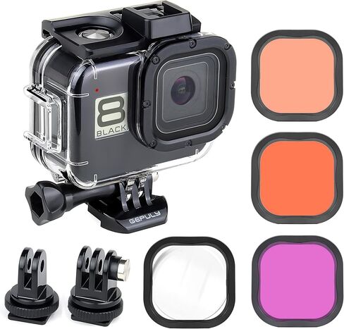 GEPULY Waterproof Case with 2 Cold Shoes for GoPro Hero 8 Black Camera | 196FT/60M 316 Stainless Steel Clear Glass Bulit In Dual Cold-Shoe Slots Vertical Horizontal Rigging External Light/Mic Ready in Saudi Arabia