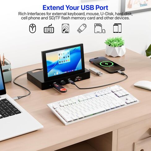 شاشة صغيرة مقاس 5 بوصات مع محور USB وفتحات تثبيت Raspberry Pi، ووصلة كابل واحد من النوع C ومكبرات صوت، وقاعدة تخزين الكل في واحد، وشاشة IPS محمولة لمراقبة الكمبيوتر، والألعاب/البث/شريك AIDA64 DIY in Kuwait