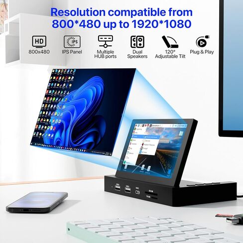 شاشة صغيرة مقاس 5 بوصات مع محور USB وفتحات تثبيت Raspberry Pi، ووصلة كابل واحد من النوع C ومكبرات صوت، وقاعدة تخزين الكل في واحد، وشاشة IPS محمولة لمراقبة الكمبيوتر، والألعاب/البث/شريك AIDA64 DIY in Kuwait