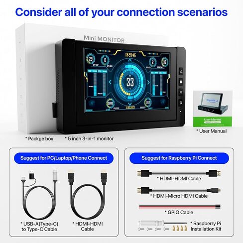 شاشة صغيرة مقاس 5 بوصات مع محور USB وفتحات تثبيت Raspberry Pi، ووصلة كابل واحد من النوع C ومكبرات صوت، وقاعدة تخزين الكل في واحد، وشاشة IPS محمولة لمراقبة الكمبيوتر، والألعاب/البث/شريك AIDA64 DIY in Kuwait