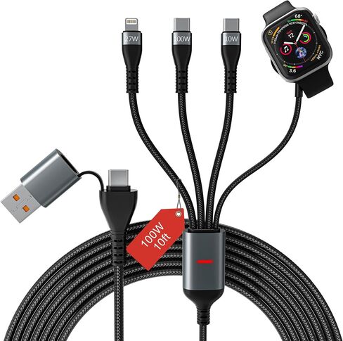 100W 4-in-2 Multi Charging Cable for Apple Watch - 10ft USB C Fast Charging Cord with Dual USB-C (100W/10W), Lightning & Magnetic Apple Watch Charger, Braided for iPhone 17-14, iPad, Galaxy S24/S23 in Saudi Arabia