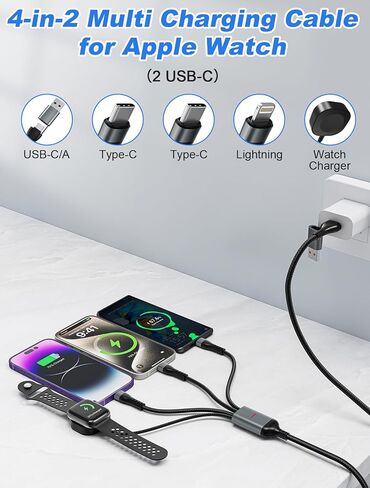 100W 4-in-2 Multi Charging Cable for Apple Watch - 10ft USB C Fast Charging Cord with Dual USB-C (100W/10W), Lightning & Magnetic Apple Watch Charger, Braided for iPhone 17-14, iPad, Galaxy S24/S23 in Saudi Arabia