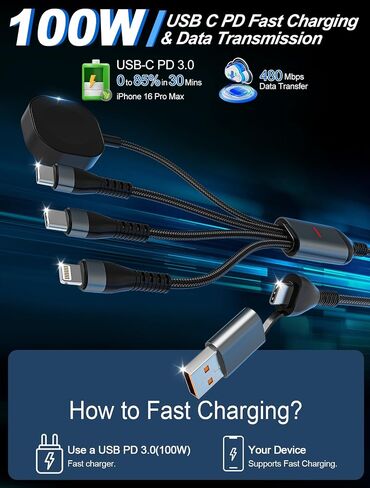 100W 4-in-2 Multi Charging Cable for Apple Watch - 10ft USB C Fast Charging Cord with Dual USB-C (100W/10W), Lightning & Magnetic Apple Watch Charger, Braided for iPhone 17-14, iPad, Galaxy S24/S23 in Saudi Arabia