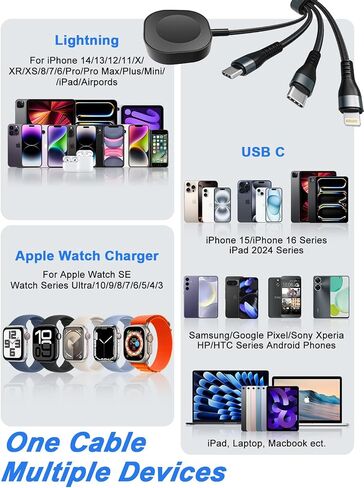 100W 4-in-2 Multi Charging Cable for Apple Watch - 10ft USB C Fast Charging Cord with Dual USB-C (100W/10W), Lightning & Magnetic Apple Watch Charger, Braided for iPhone 17-14, iPad, Galaxy S24/S23 in Saudi Arabia