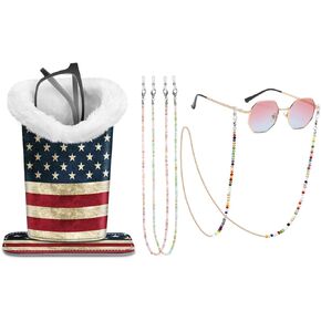 Fintie Plush Lined Eyeglasses Holder with Magnetic Base, US Flag + 3 Pcs Eyeglasses Chains