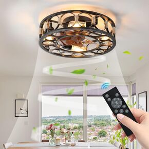 Caged Ceiling Fan with Lights Remote Control, Flush Mount Farmhouse Modern Ceiling Fans, 6 Speeds Reversible Blades, 4 LED Bulbs Included for Bedroom Living Room