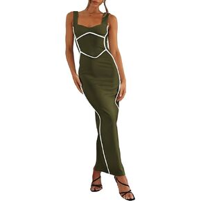 BTFBM Women Maxi Bodycon Dresses Square Neck Sleeveless Contrast Binding Split Cocktail Party Club Tank Long Dress 2024