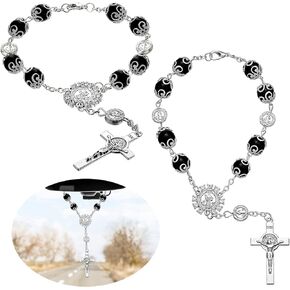 Saint Benedict Car Rosary 2 Pcs Rearview Mirror Auto Rosary Hanging Personalized Car Cross Blessing Catholic Car Medal for Truck Bike Motorcycle Car Mirror Hanging Accessories Decors (Black)
