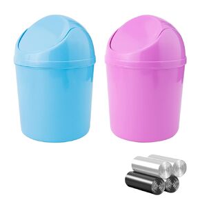 SITAKE 2 Pcs Plastic Mini Wastebasket Trash Can with Swing Lid with 120 Trash Bags, Tiny Desktop Waste Garbage Bin for Home, Office, Kitchen, Vanity Tabletop, Bedroom, Bathroom (Pink + Beige)