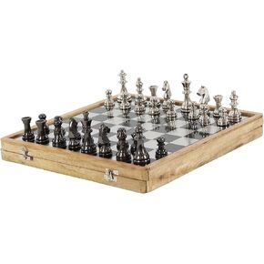 Deco 79 28550 Aluminum and Wood Chess Set, 5" x 15", Brown/Silverdarkgray/Black/White