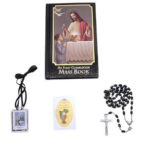 Wowser Boy's First Communion Black Mass Book, Black Rosary, Lapel Pin, and Scapular Gift Set