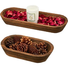 Tessco Decorative Bowls for Home 2 Pcs Wooden Dough Bowl Wooden Bowls Rustic Bread Bowl Long Wooden Bowl for Kitchen Dining Table Home Decoration (Dark Brown,10 x 6 x 2 Inch, 16 x 6 x 2 Inch)