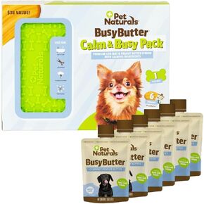 Pet Naturals Calm and Busy Pack with 6 Pouches of BusyButter Calming Peanut Butter and Premium Lick Mat with Suction Cups
