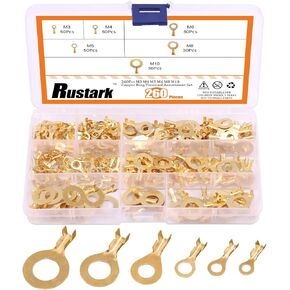 Rustark 6 Sizes 240 Pcs Non-Insulated Ring Crimp Terminals Connector Assortment Set, O-Type Copper Open Barrel Wire Crimp Kit for Automotive Motorcycle Boats Electric Instruments(Silver)