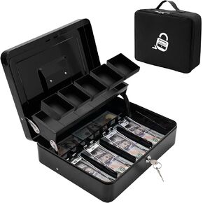 Locking Cash Box with Carry Bag, Metal Money Box with Money Tray, Durable Lock Safe Box with Key, 4 Bill 5 Coin Slots,Cantilever Design, Large Cash Boxes, Money Saving Organizer