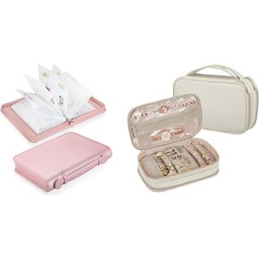 SKYREH Bundle: Jewelry Travel Organizer Case PU Leather Jewelry Storage Book + Double Layer Jewelry Travel Organizer Case for Necklaces, Earrings, Bracelets(Rose Gold+White)