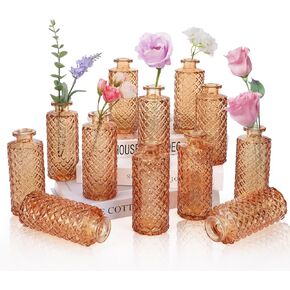 12pcs Glass Bud Vases, Modern Farmhouse Decor, Amber Bud Vases in Bulk, Mini Flowers Vases for Centerpieces, Vintage Bottle for Table Decorations, Wedding Decor, Reception, Home